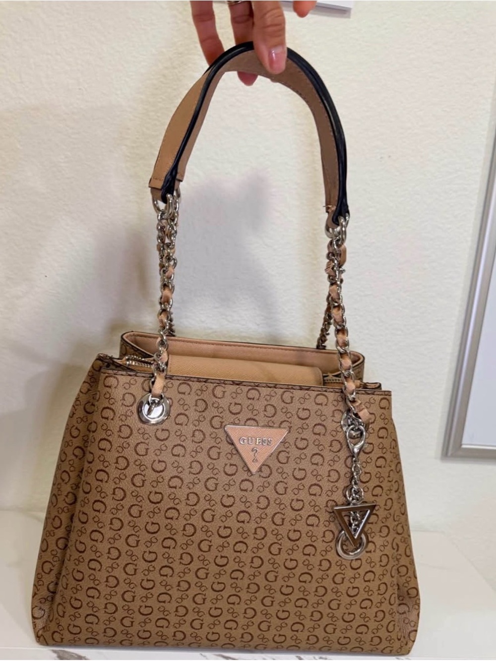 GUESS Tan Logo-Print Shoulder Bag with Chain Straps